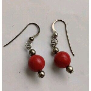 VTG Silver Red Coral Bead Drop Dangle 1" Earrings Unmarked